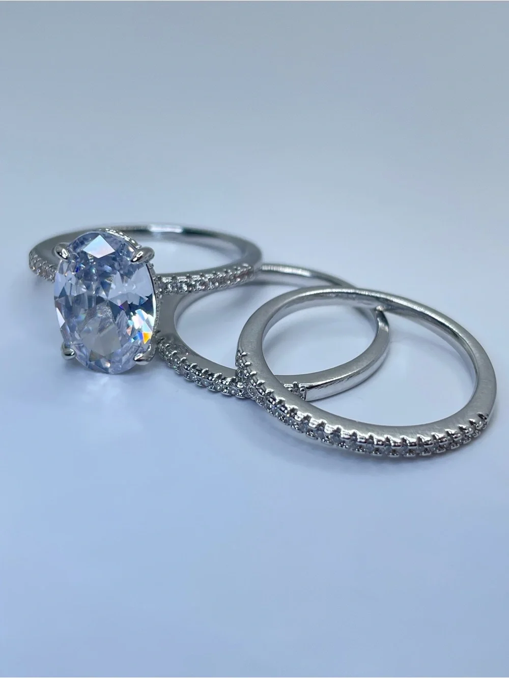 Swarovski Crystal Elements White Oval Cut Solitaire Ring 3 Band Set Sz 9